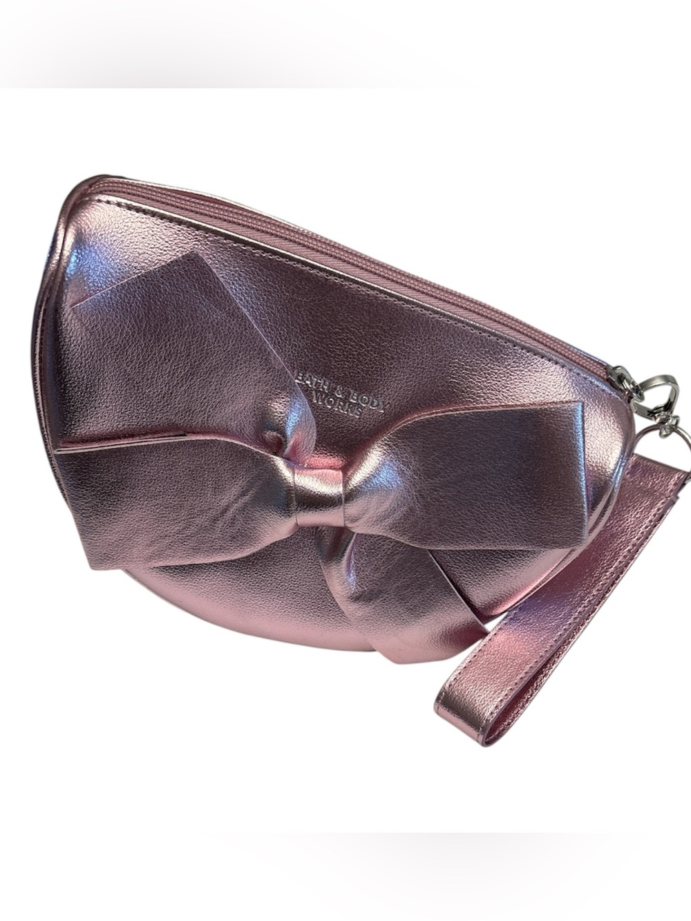 Bath & Body Works Metallic Pink Bow Wristlet Clutch zip top removable strap NWOT